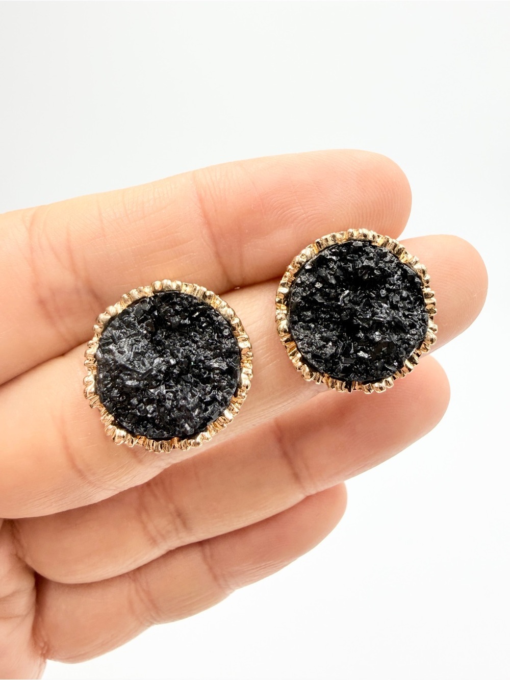 Black Druzy Style Round Stud Earrings Gold Tone Statement Earrings
